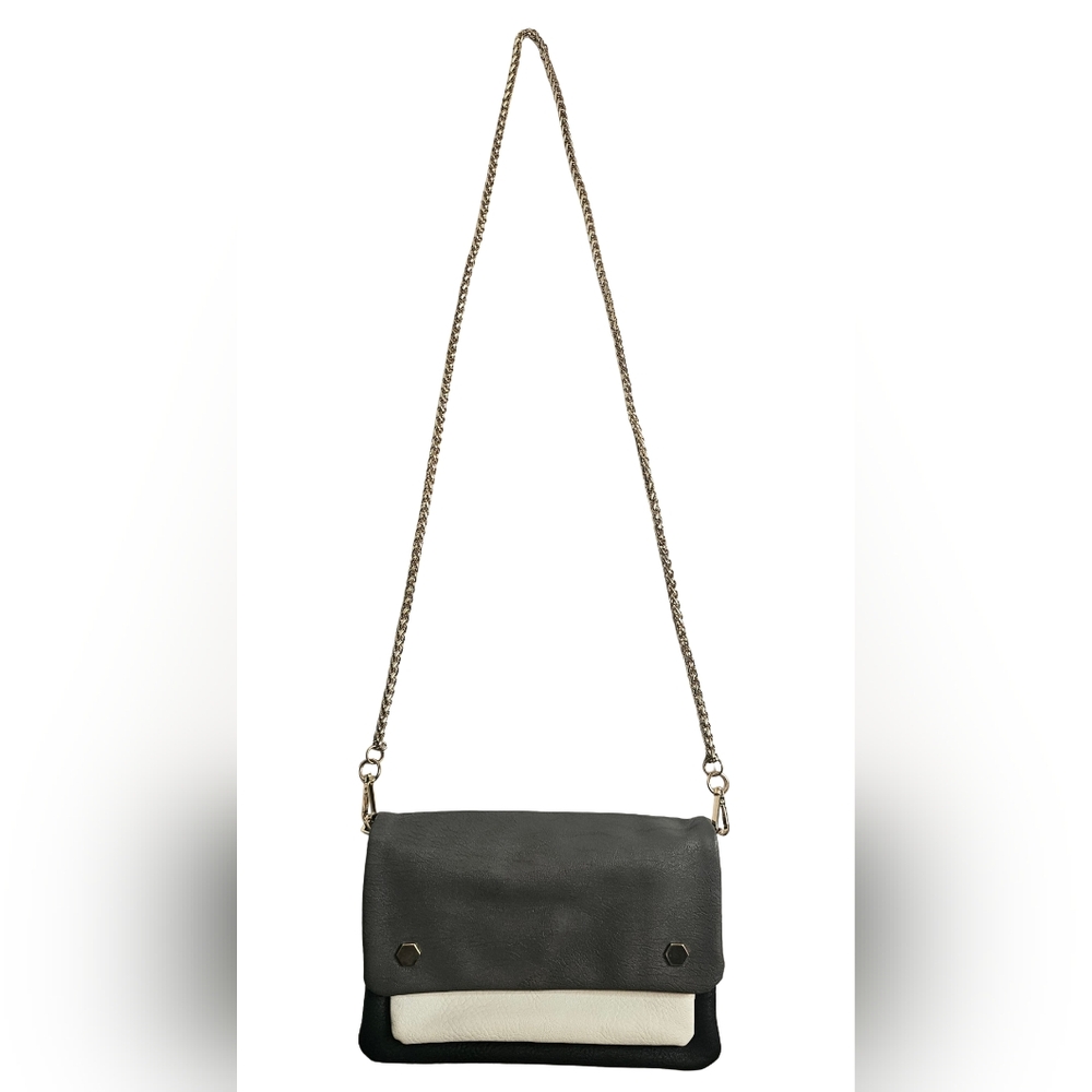 [CESCA] Gray, Wht & Blk Vegan Leather Crossbody Bag/Clutch Removable Gold Chain - Picture 3 of 15